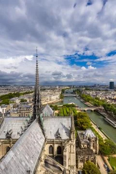 Elevated view of Notre-Dame de Paris with the Seine River. Paris Stock Photos