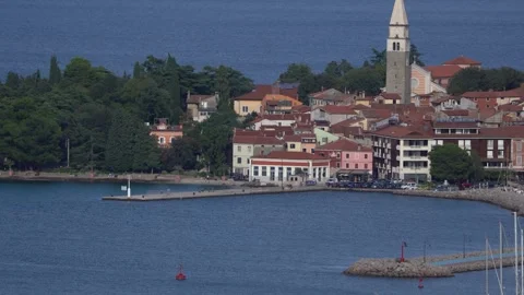 Elevated view of the old Adriatic town of Izola in Slovenia Stock Footage 285965861