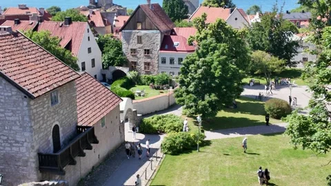Elevated View over Visby Old Town and Baltic Sea, Sweden 스톡 동영상 347671345