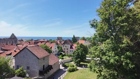 Elevated View over Visby Rooftops and Medieval Buildings, Sweden Vidéo 347671360