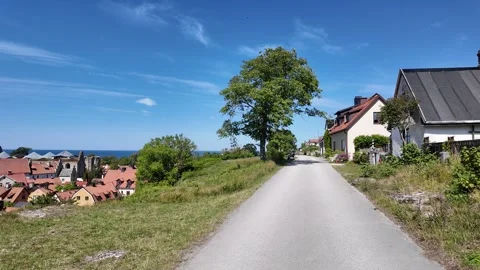 Elevated View over Visby Rooftops and Baltic Sea, Sweden Видео 347671396