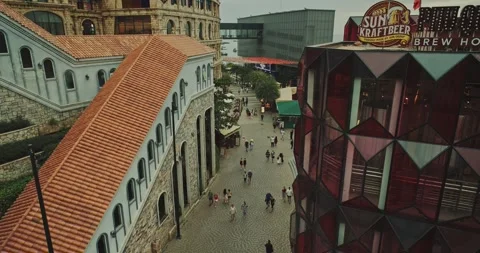 Elevated View of Phu Quoc Brew House and Pedestrian Street in Sunset Town Stock Footage 346852757