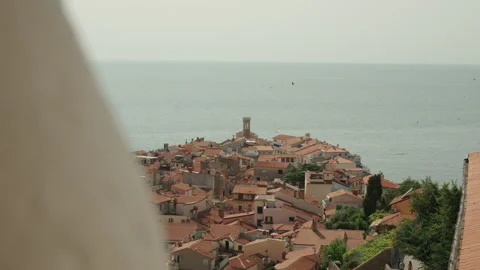 Elevated View of Piran Old Town and Sea Framed by Stone Stock Footage 341461977