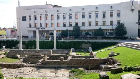 Elevated View of Plovdiv Roman Forum and Central Post Office in Bulgaria Stock Footage 300797318