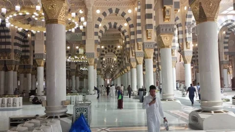 Elevated view of Prophet's Mosque with Islamic design, white marble columns Stock Footage 316804735