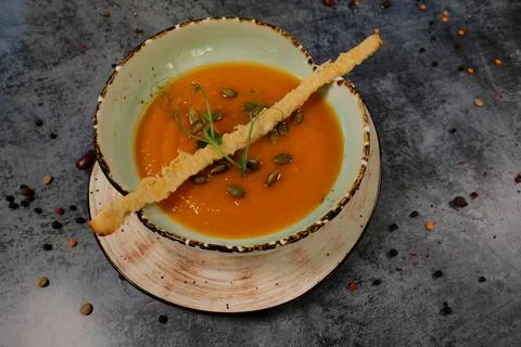 Elevated View Pumpkin Soup Stock Photos