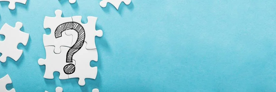 Elevated View Of Question Mark Icon On White Puzzle Over The Blue Background Stock Photos