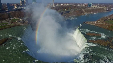 Elevated view of rainbow coming out of Niagara Falls horseshoe fall - 24fps Stock Footage 104091956