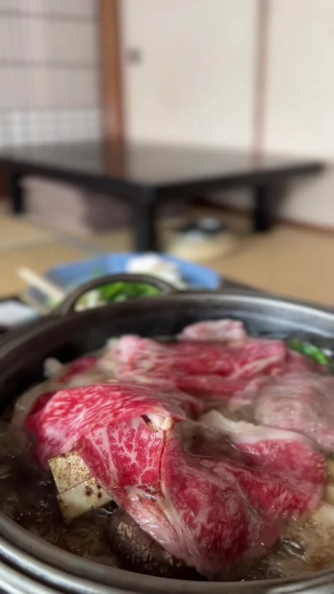 Elevated view of raw wagyu beef in sukiyaki pot Stock Footage 328808008
