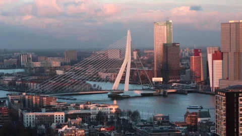 Elevated view of Rotterdam at sunset Stock Footage