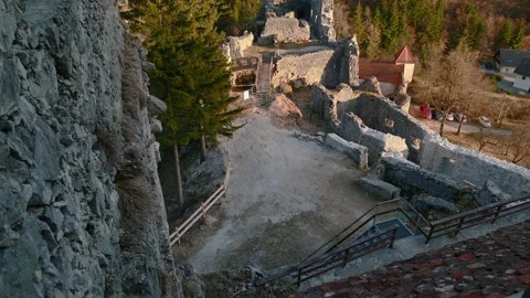 Elevated view of ruins of medieval castle Kamen in Slovenia Video stock 150817411