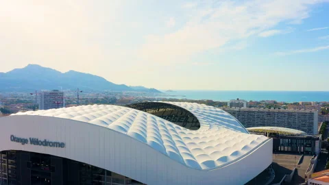 Elevated View of Stade Velodrome Stadium Roof and Mediterranean Sea, Marseille Stock Footage 340458101