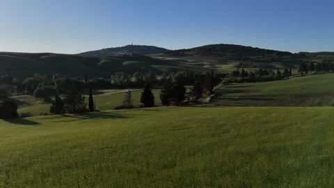 Elevated View of Sunlit Green Valley and Cypress Groves in Tuscany Video stock 346869128