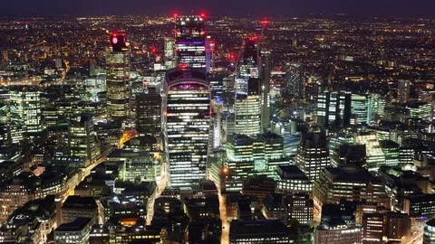 Elevated view time-lapse of the financial district of London at night Video stock 74235529