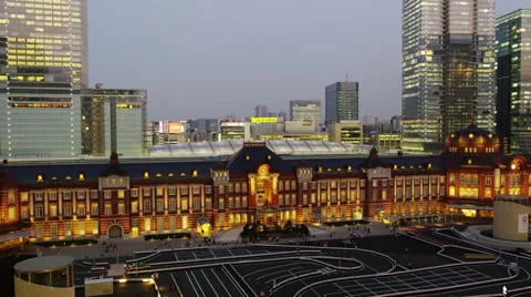 Elevated View of Tokyo Station with High-Rise Buildings early Evening Video stock 56139039