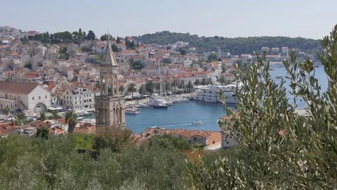 Elevated view of the town and harbour of Hvar, Hvar Island, Dalmatia, Croatia, Stock Footage