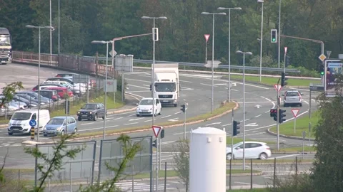 Elevated view of traffic on road in small town Kranj, Slovenia Stock Footage 147035127