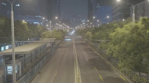 Elevated View of Tree Lined Beijing Avenue at Night Stock Footage 340480536