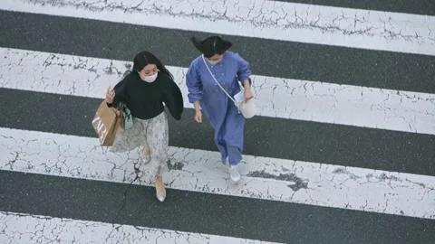 Elevated view of two women carrying shopping bags cross a pedestrian street Stock Footage 280960685