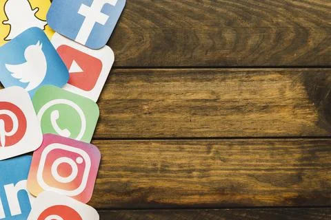 Elevated view various mobile icons plywood High resolution photo Stock Photos