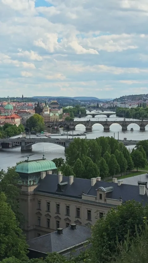 Elevated View of Vltava River and Historic Bridges with Straka Academy, Prague Stock Footage 345284319