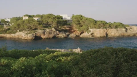 Elevated view of a wild turquoise cove on the Mallorca coastline Stock Footage 343431327