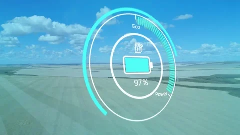 Elevated viewpoint advancing, cyan HUD showing battery filling then draining to Stock Footage 333900545
