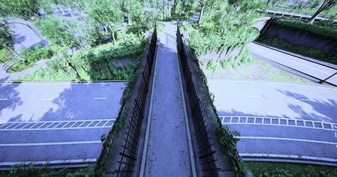 Elevated walkway connects pathways through lush green landscape near road Stock Illustration