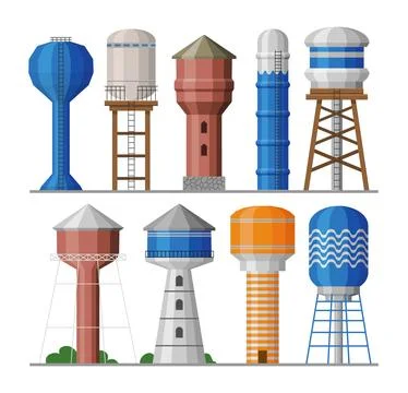 Elevated Water Tower set collection, high steel construction with Tank as W.. Stock Illustration