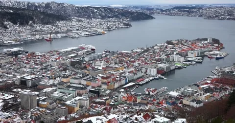 Elevated, winter view of the city skyline of Bergen Stock Footage 261038822