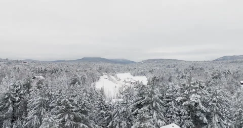 Elevating Above Snow Covered Road and Forested Neighborhood in Lake Placid Vidéo 334938190