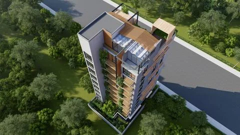 Elevating Aesthetics 3D Rendered Modern Architecture for Luxurious Multi-St.. Illustrazione stock