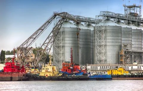 Elevating complex for transshipment of grain and oilseeds as part of a reload Stock Photos