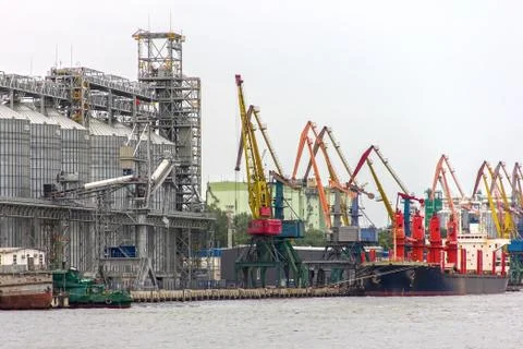 Elevating complex for transshipment of grain and oilseeds as part of a reload Stock Photos
