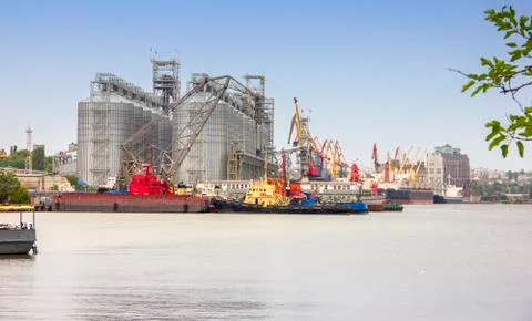 Elevating complex for transshipment of grain and oilseeds as part of a reload Stock Photos