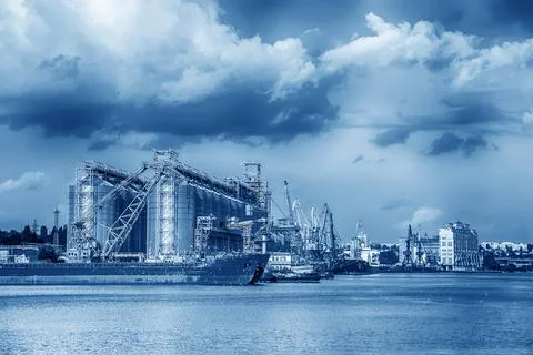 Elevating complex for transshipment of grain and oilseeds as part of a reload Stock Photos