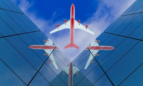 Elevation angle from the floor Passenger plane Fly through buildings with l.. Ilustración de archivo