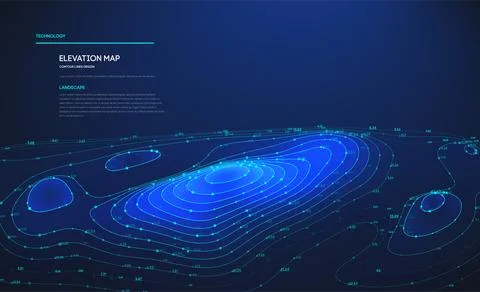 Elevation map with topographic lines and numerical data against a vivid blue Stock Illustration