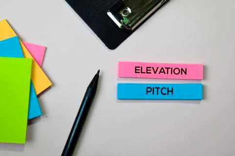 Elevation Pitch text on sticky notes with office desk concept Stock Photos