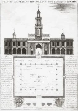 Elevation showing facade and plan of Londons Royal Exchange in the mid-18th cen Foto stock