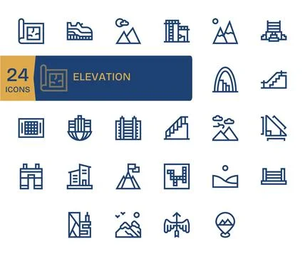 Elevation Vector Icon Collection featuring 24 PIXEL Perfect Retina Ready Bo.. Stock Illustration