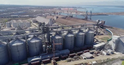 Elevator from the air. Large grain elevator. Grain elevator complex. Video stock 317374423