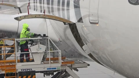 The elevator arrives at the open cargo space door of the plane Stock Footage 220820869