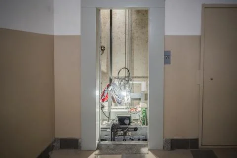 Elevator breakage, elevator doors open during machinery repairs. Stock Photos