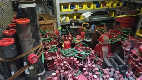 Elevator, bushing, slips, pipe handling equipment Stock Footage 120227121