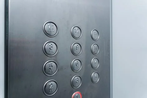Elevator buttons for floor selection, silver buttons of a large elevator, from 스톡 사진