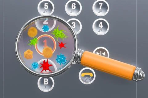 Elevator buttons with germs and bacterias under magnifying glass. 3D renderin Illustrazione stock