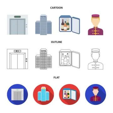 Elevator car, mini bar, staff, building.Hotel set collection icons in cartoon Stock Illustration