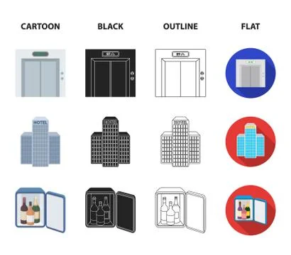 Elevator car, mini bar, staff, building.Hotel set collection icons in cartoon Stock Illustration