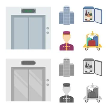 Elevator car, mini bar, staff, building.Hotel set collection icons in cartoon Stock Illustration